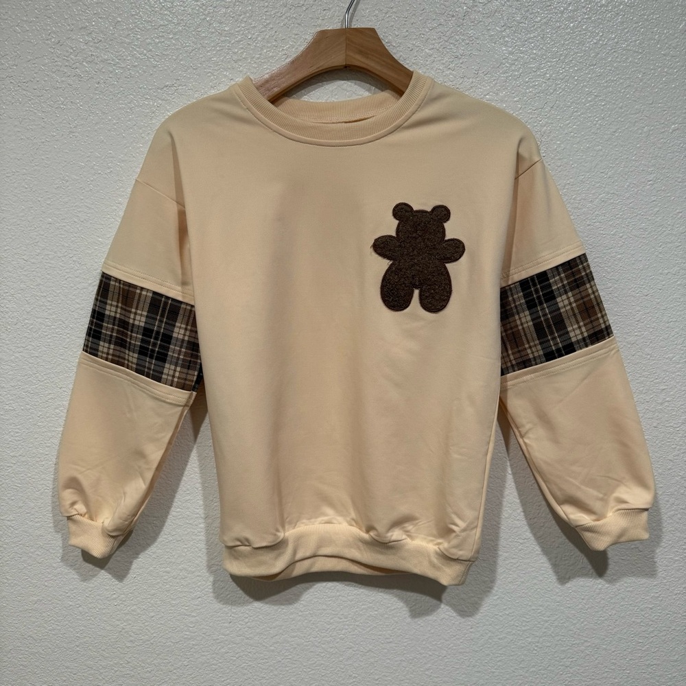 Kids SHEIN Girls Beige Brown Bear Plaid Fleece Long Sleeve Sweatshirt M